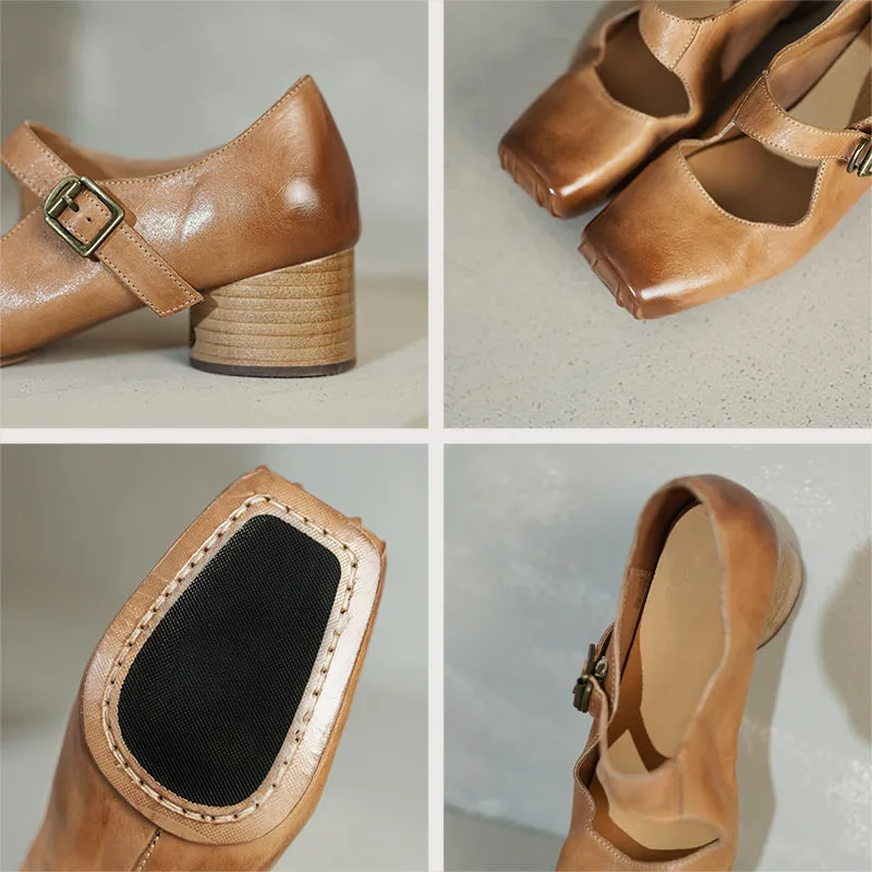 Horse Leather Elegant Mary Jane Shoes For Women Leather Sole in Black/Apricot/Pink/Brown