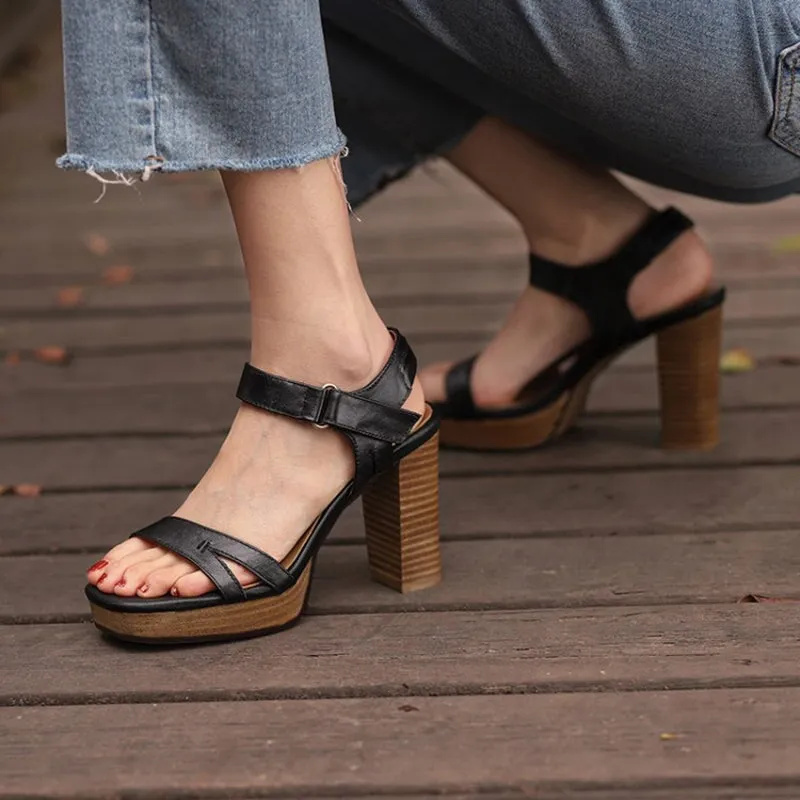 Leather 95mm Block Heel Gladiator Sandals in Black/Brown