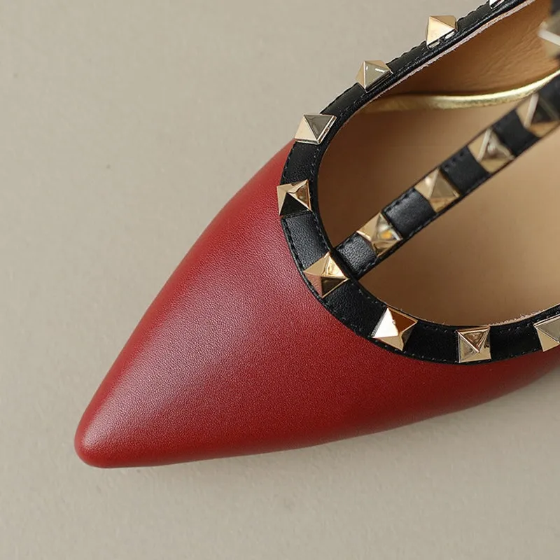 Leather T Strap Rockstud Ankle-strap Pumps Mary Jane Point Toe in Red/White