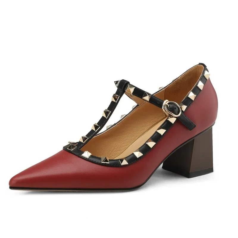 Leather T Strap Rockstud Ankle-strap Pumps Mary Jane Point Toe in Red/White