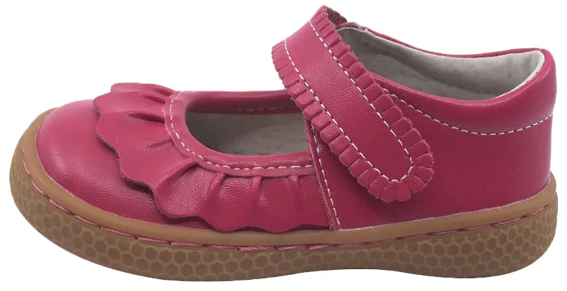 Livie & Luca Girl's Ruche Ruffled Hot Pink Smooth Leather Mary Jane with Hook and Loop Strap Flat Shoe