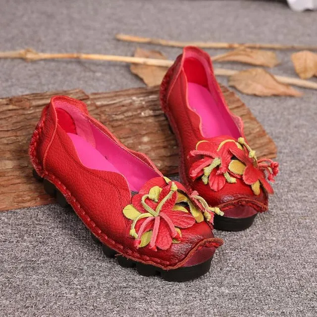 New Autumn Flowers Handmade Shoes Women's Floral Soft Flat Bottom Shoes Casual Sandals Folk Style Women Genuine Leather Shoes