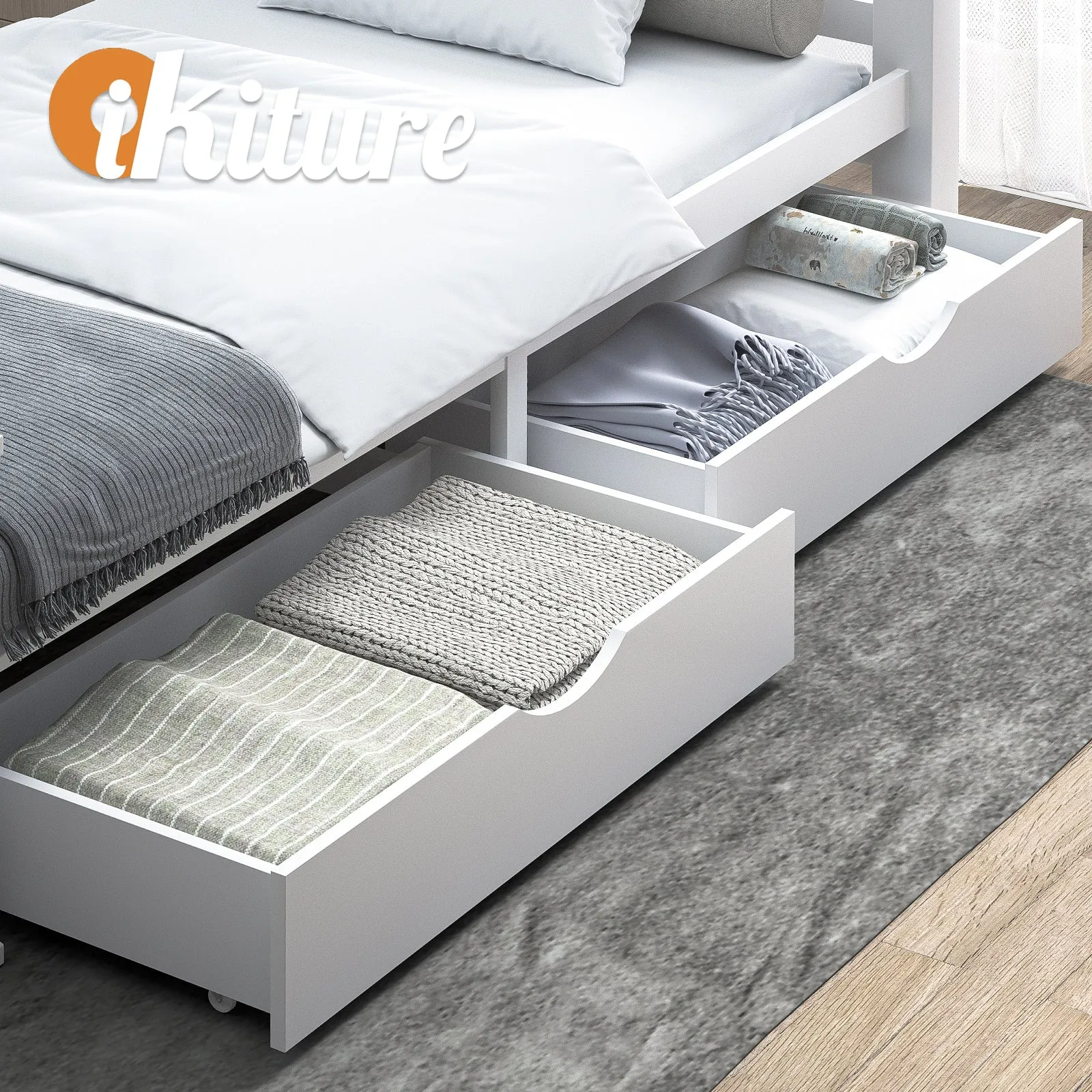 Oikiture Storage Drawers Trundle for Wooden Bed Frame Base Timber White 2X