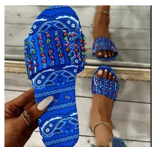 Printed Toe Flat Rivet Casual Slippers