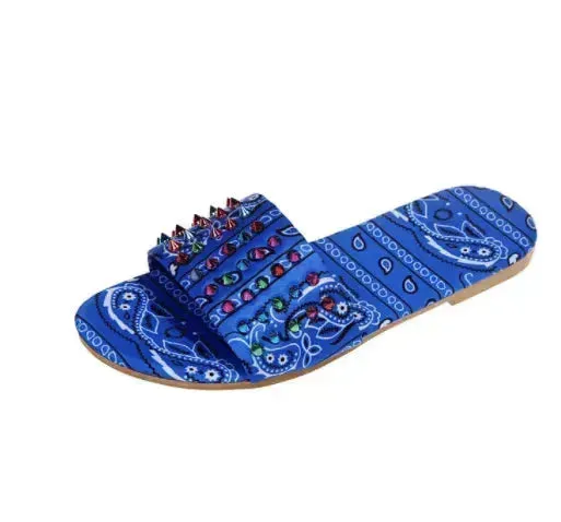 Printed Toe Flat Rivet Casual Slippers