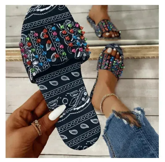 Printed Toe Flat Rivet Casual Slippers