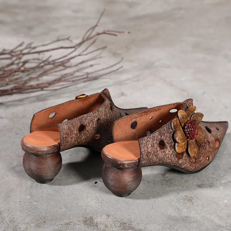 Retro Leather Mules Women Summer Slippers with Flowers in Coffee