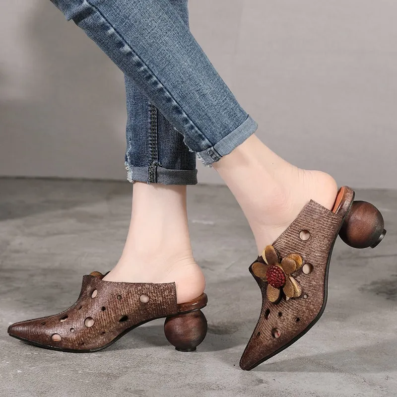 Retro Leather Mules Women Summer Slippers with Flowers in Coffee