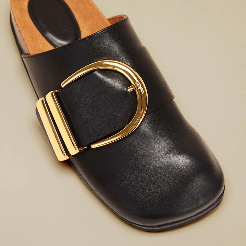 Retro Round Toe Mules with Metal Buckle