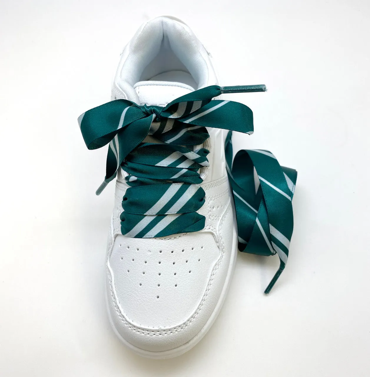 Satin Shoelaces green and silver stripe ideal for hip hop, dance team, sneaker junkie, cheerleading, wedding,  in 36" and 44" lengths