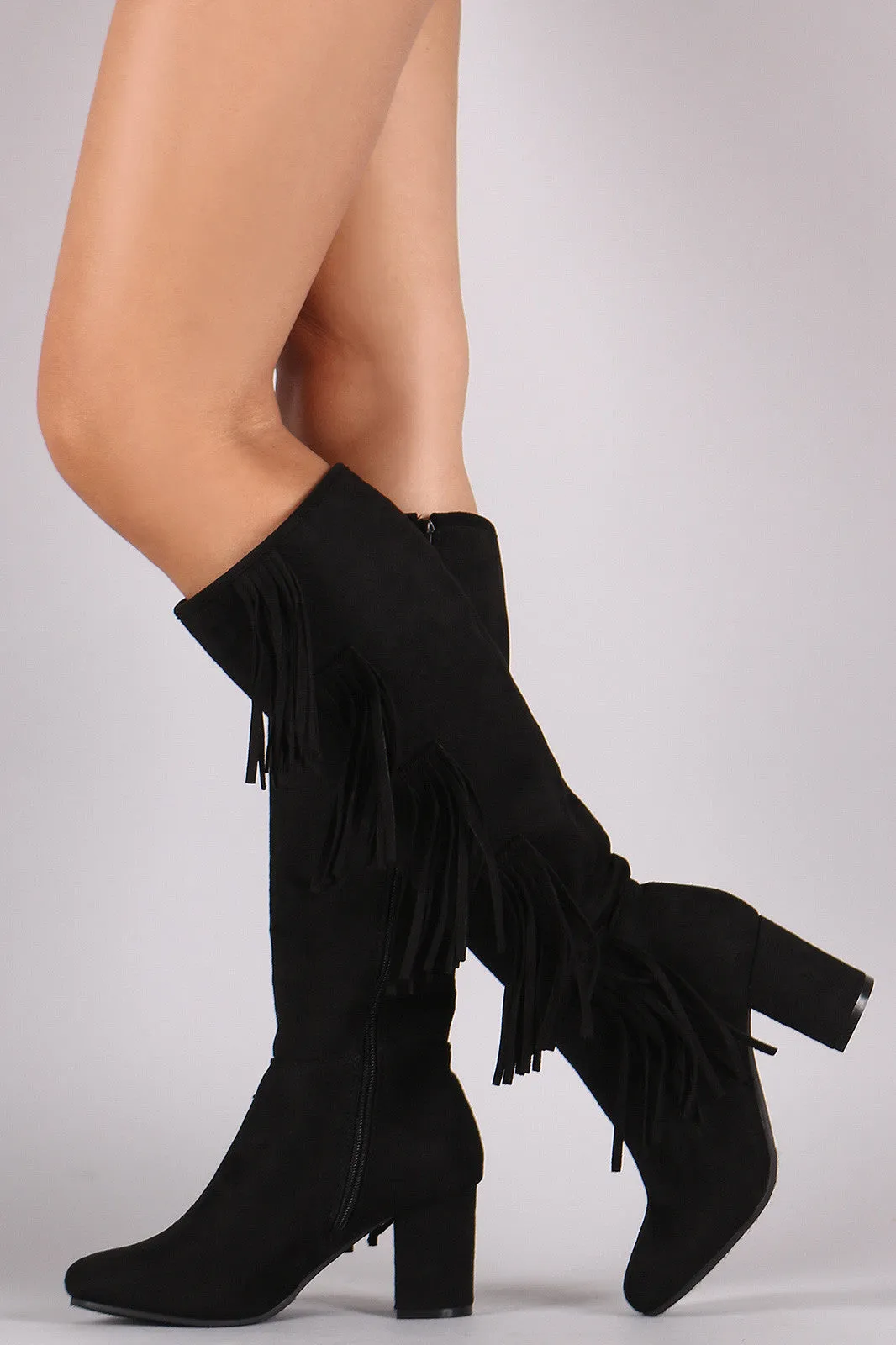 Suede Side Fringe Block Heeled Knee High Boots