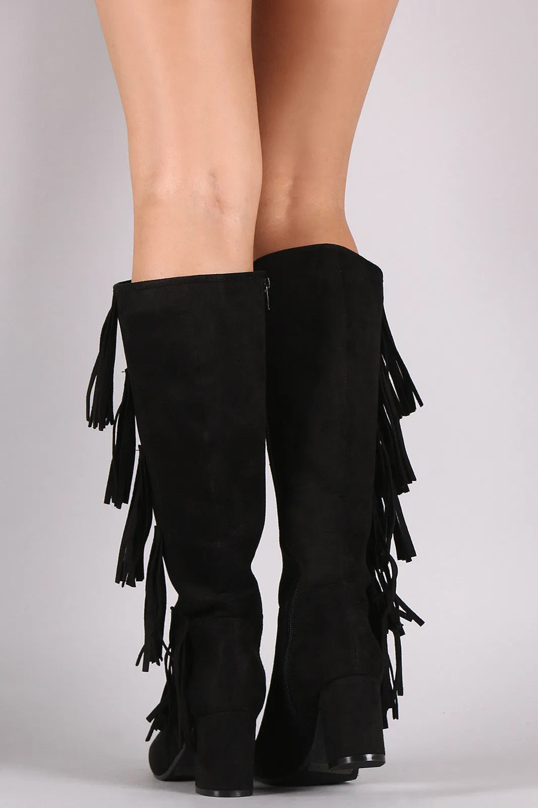 Suede Side Fringe Block Heeled Knee High Boots