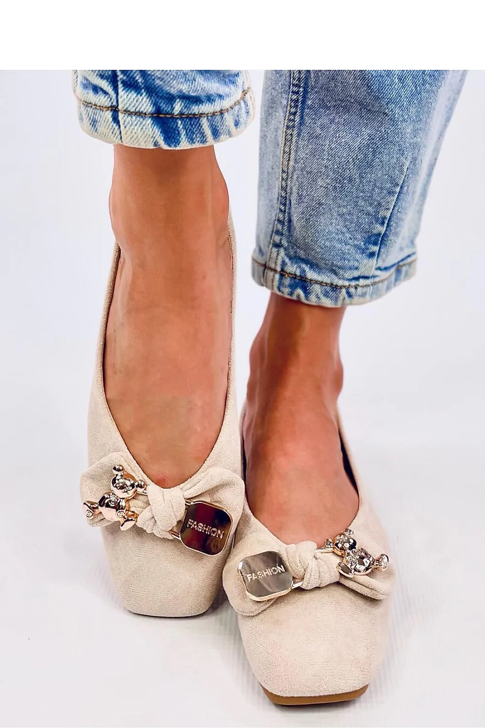 TEEK - Beige Bowed Bear Suede Ballet Flats