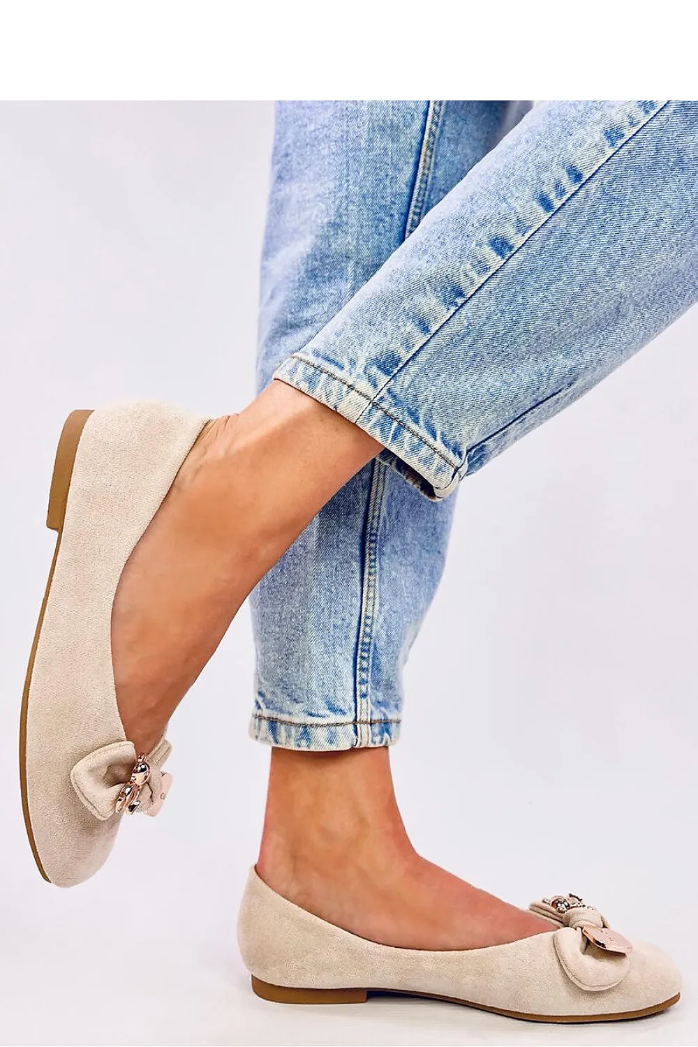 TEEK - Beige Bowed Bear Suede Ballet Flats