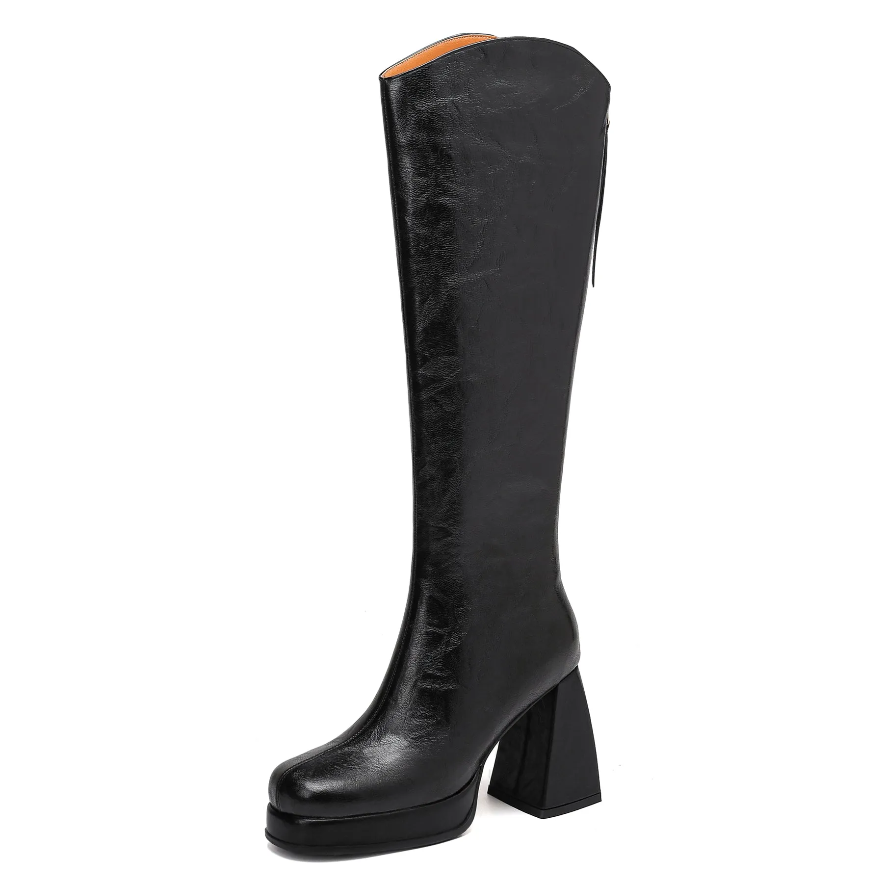 TinaCus Handmade Women's Genuine Leather Zip Up High Heel Platform Knee High Boots