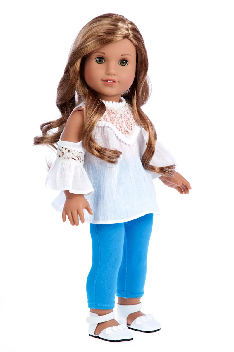 Trendy Girl - 3 Piece Doll Outfit - White Cotton Blouse, Turquoise Leggings and White Shoes