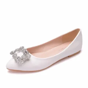 White Pointed Toe Rhinestone Metal Decoration Flats Casual Ladies Party Shoes