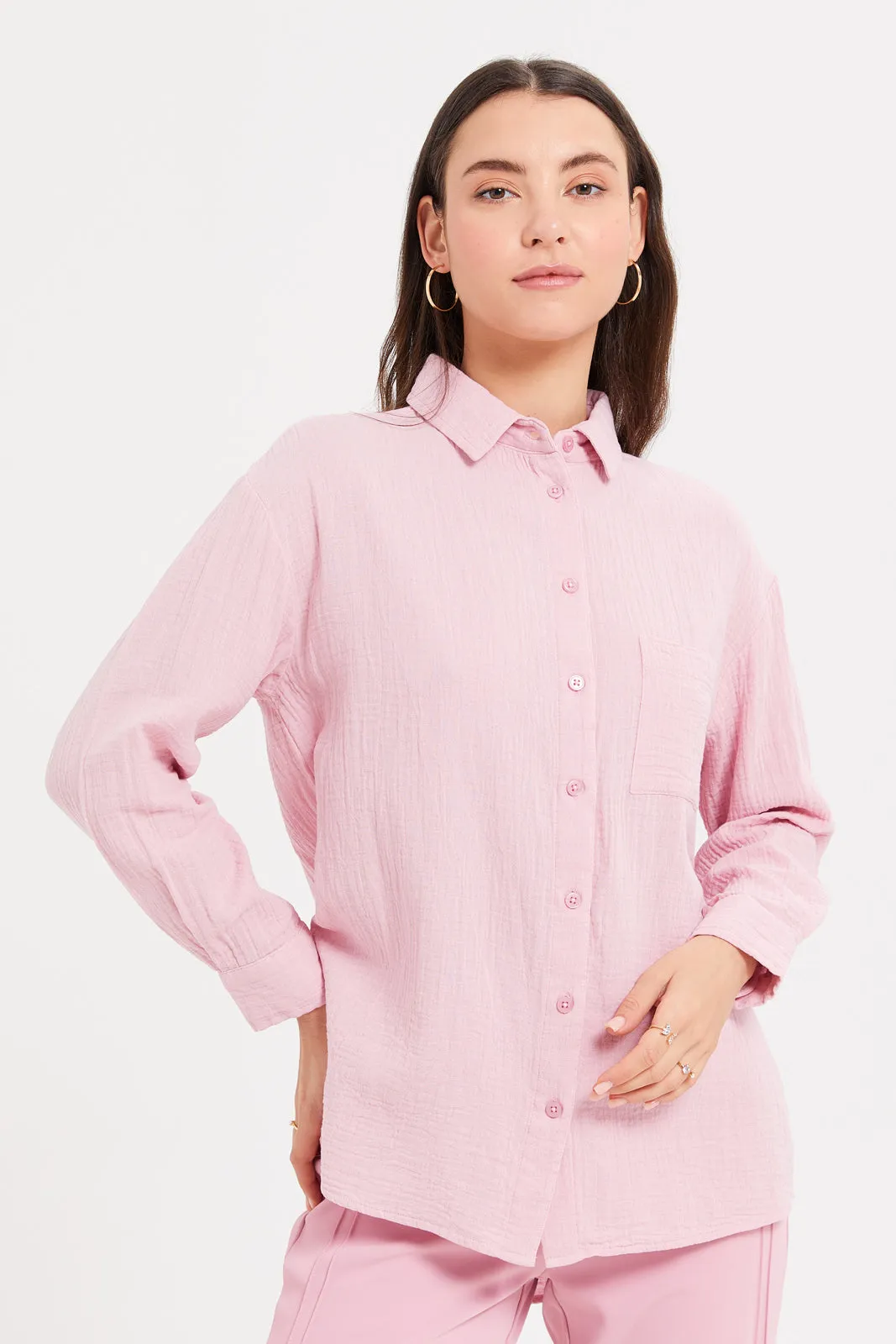 Women Pink Collared Casual Shirt