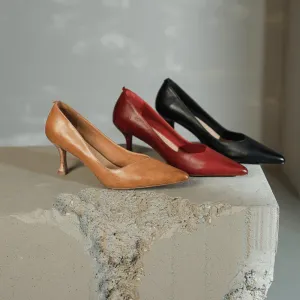 Women's Horse Leather Point Toe Pumps 65mm Heel In Red/Apricot/Black Fashion Style