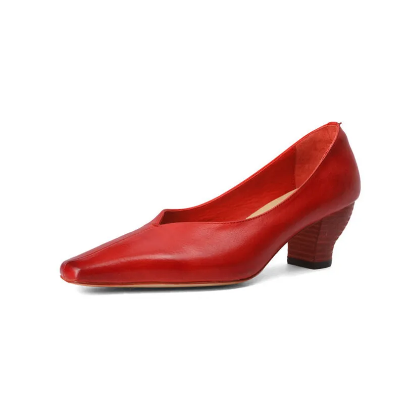 Women's Horse Leather Square Toe Block Heeled Slip-On Pumps Casual Shoes in Red/Black