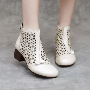 Womens Retro Leather Hollow Out Zipper Summer Sandals Boots