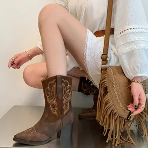 Womens Western Boots Mid Calf Cowboy Boots- Brown/Apricot Cowgirl Boots