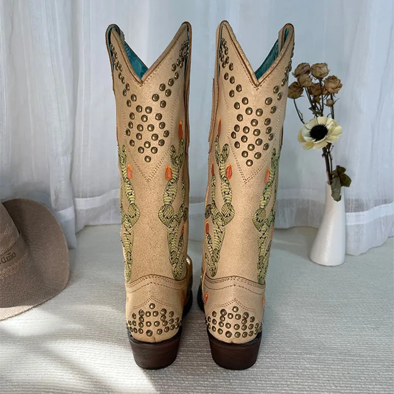 Womens Western Embroidered Boots Rivet Decorate- Khaki Contrast-stitching Cowboy Boots