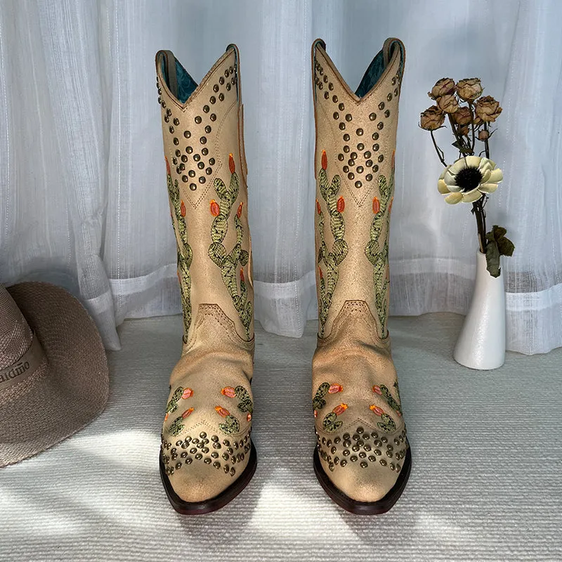 Womens Western Embroidered Boots Rivet Decorate- Khaki Contrast-stitching Cowboy Boots