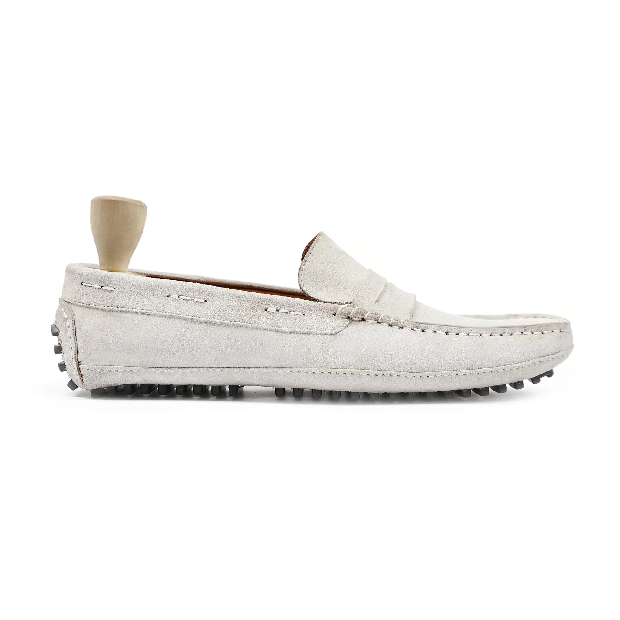 Youta - Men's White Kid Suede Driver Shoe